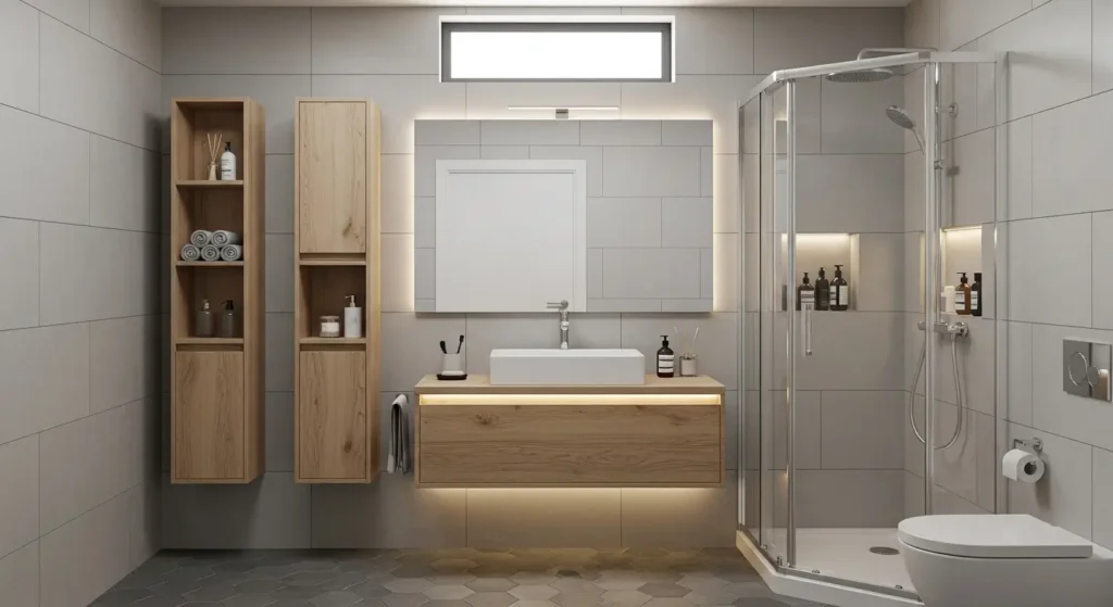 Compact bathroom with efficient storage