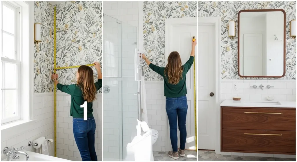 Illustrated steps showing measuring, cutting, applying, smoothing, and trimming bathroom wallpaper.