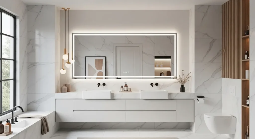 Modern bathroom color schemes with white, gray, and earth tones