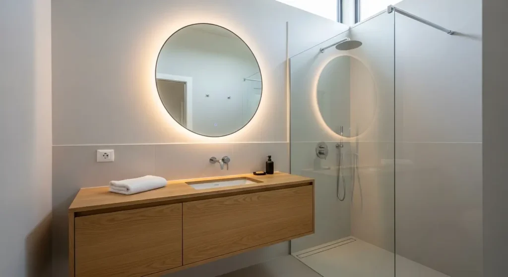 Modern small bathroom with floating vanity and glass shower