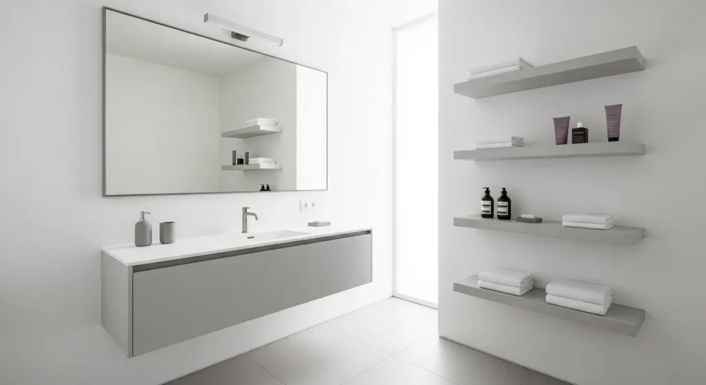 wall mounted storage solutions in small bathroom modern design