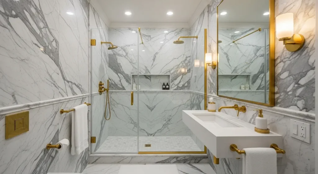 Luxury small bathroom with marble and gold accents