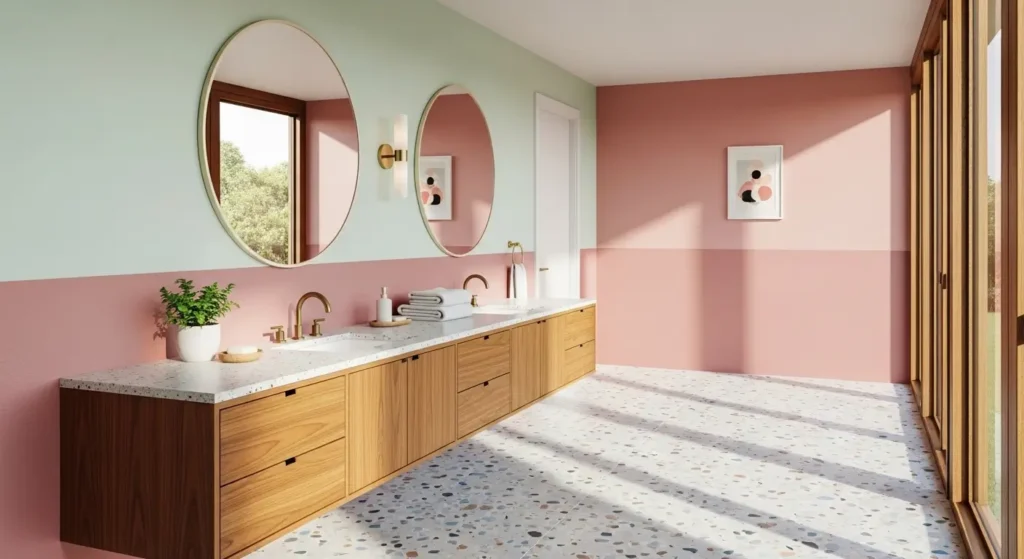 mid century modern bathroom with teak wood floating vanity and terrazzo floor