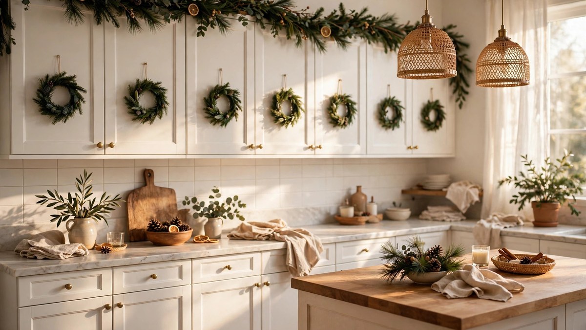 Christmas kitchen decor with mini wreaths and pine garland on white cabinet doors