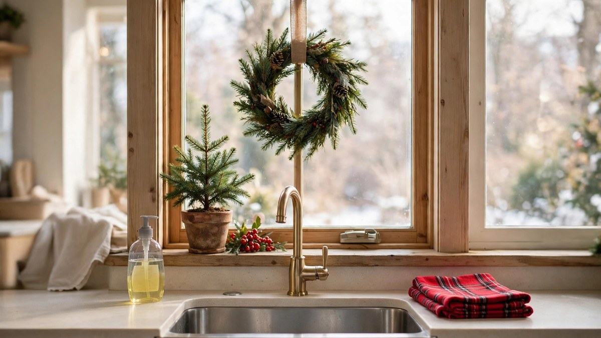 Kitchen window and sink area decorated with a small wreath, evergreen sprigs and red berries