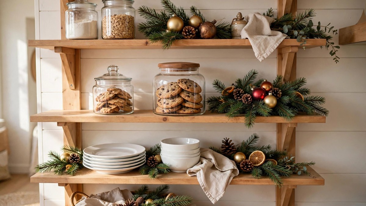 Open kitchen shelves styled with glass canisters, a cookie jar and Christmas greenery