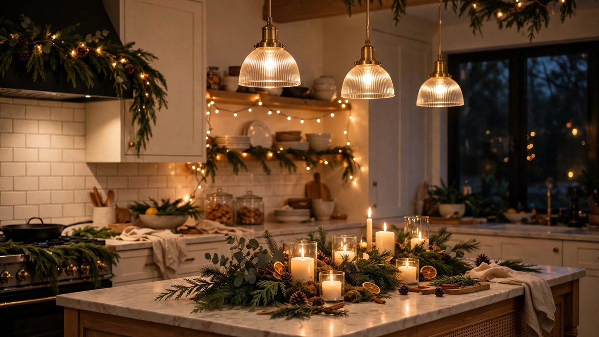 Cozy Christmas kitchen at night with warm pendant lighting and a festive island centerpiece