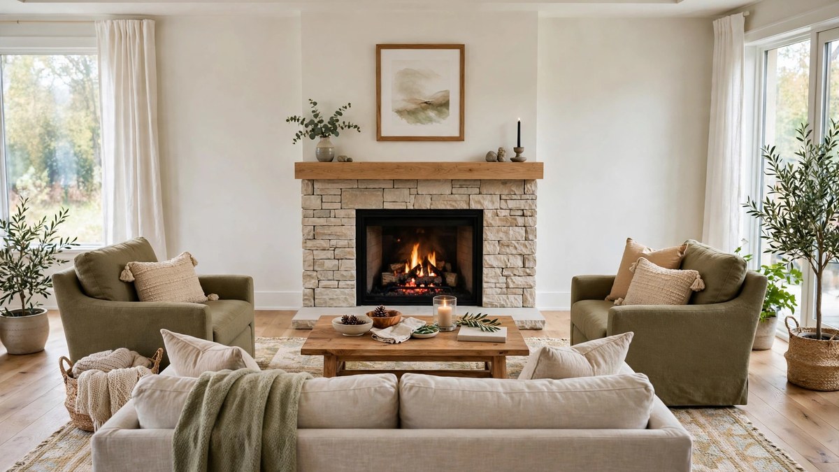 Living room layout arranged around a fireplace focal point with a sofa, two armchairs and a wooden coffee table on a large rug