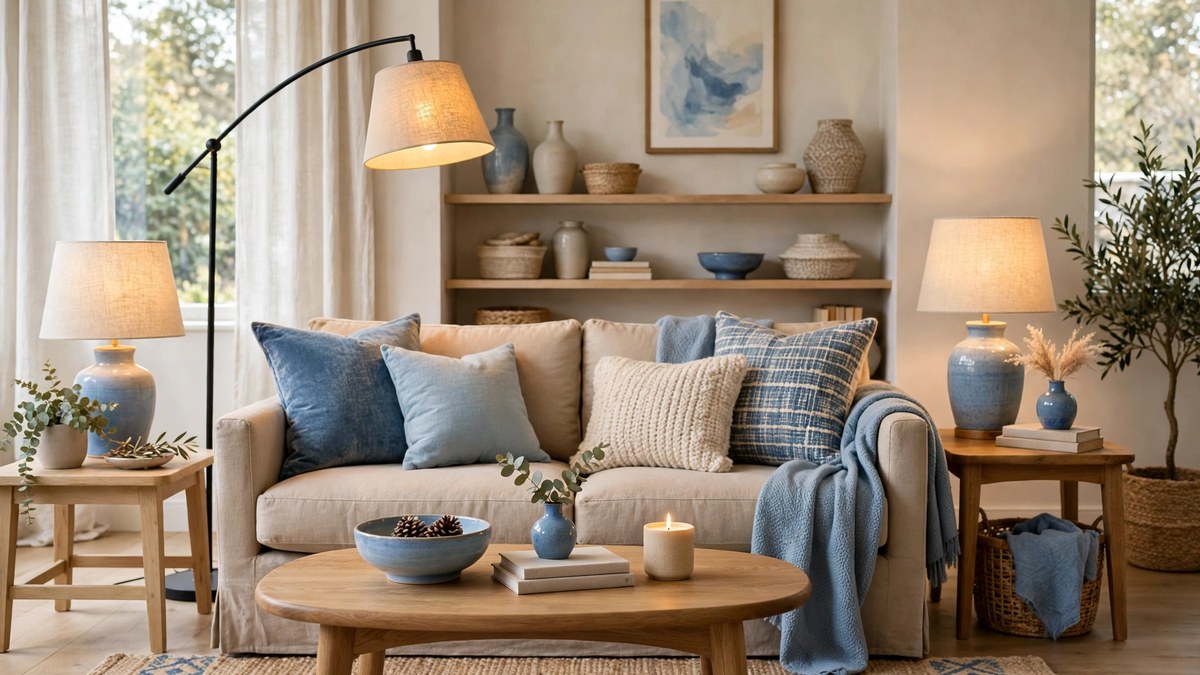 Layered lighting and a flowing blue and neutral color palette show simple ideas for designing a living room that feels pulled together