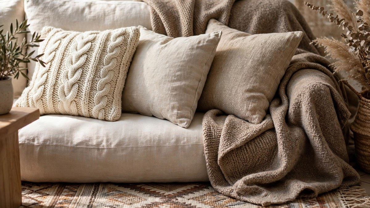 Knitted and linen cushions, a wool throw and a woven patterned rug layered over a seating area to add warmth and texture