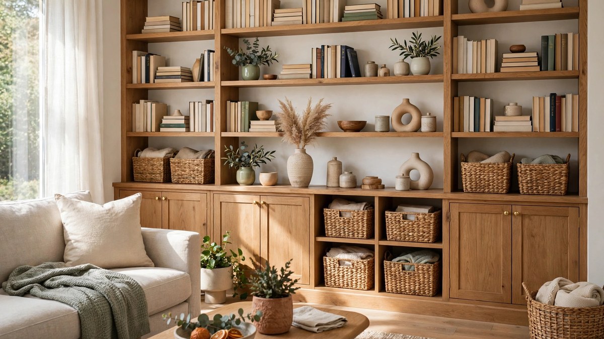 Built-in shelves and woven storage baskets keeping a family living room tidy and free of everyday clutter