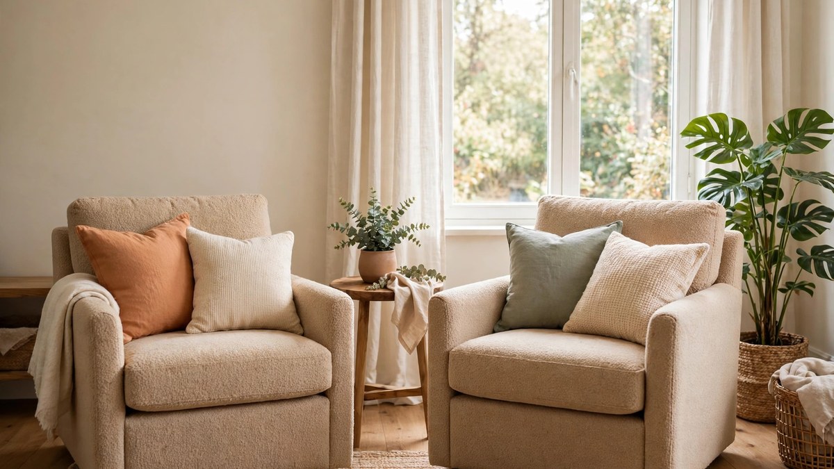 Two comfortable armchairs and a small side table arranged by a bright window in a welcoming sitting room