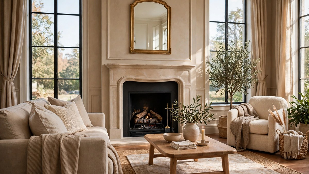 Warm neutral tones and a fireplace create cosy sitting room decor ideas for the first room guests see