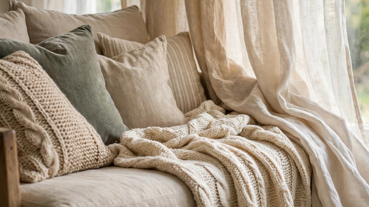 Layered cushions, a knitted throw and linen curtains adding soft finishing touches to a sitting room sofa