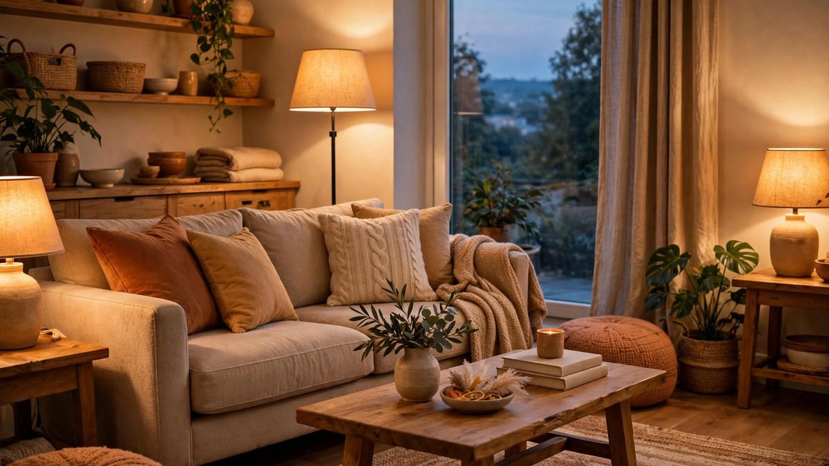 Warm layered lamps and soft lamplight glow in a room full of cozy living room ideas for relaxing evenings