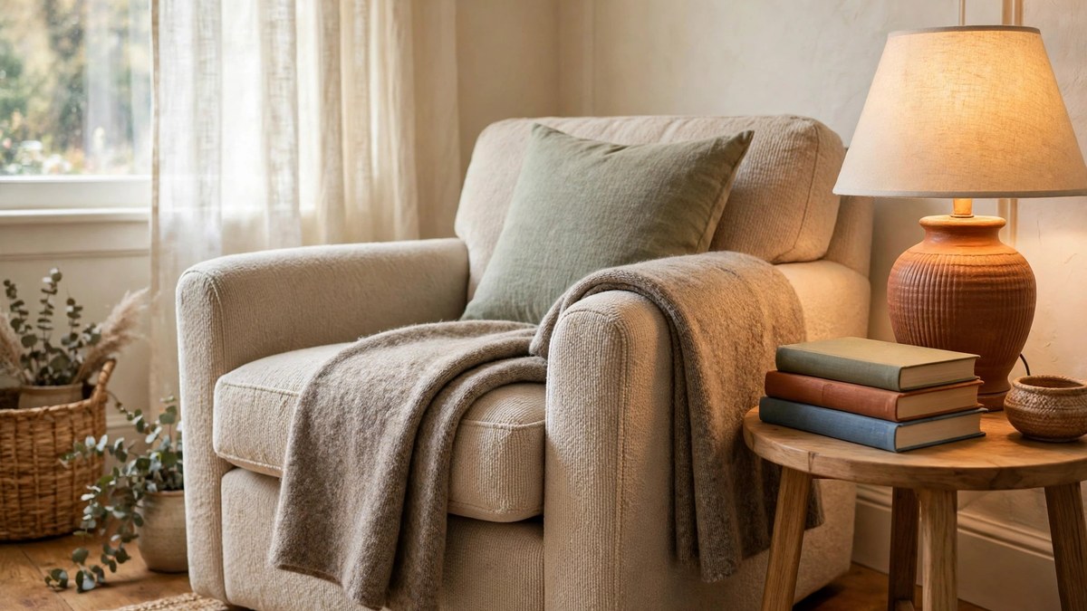A snug reading corner with a cushioned armchair, folded wool blanket and a warm table lamp