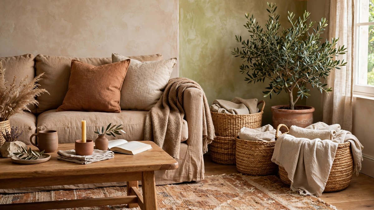 Natural wood, wool and woven textures combined in a calm and comfortable living room corner
