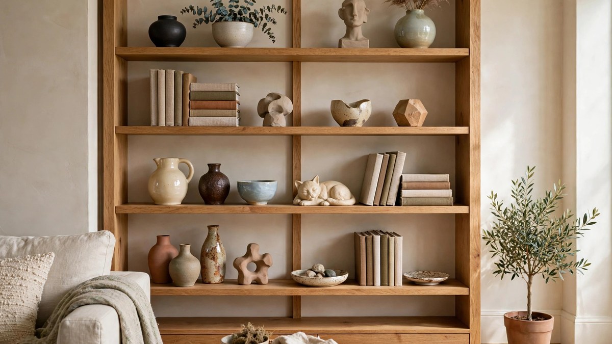 Open shelves displaying ceramics, small sculptures and art books like a home gallery