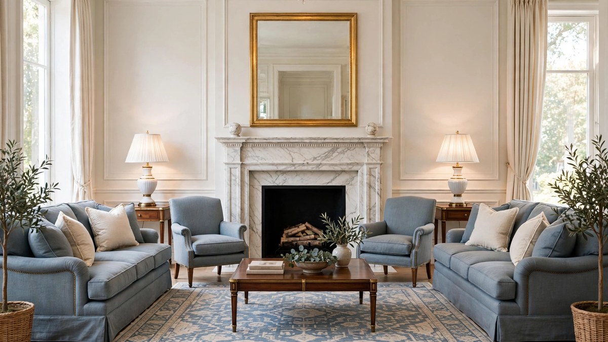 Formal living room ideas shown in a perfectly symmetrical seating arrangement around a marble fireplace with paired lamps