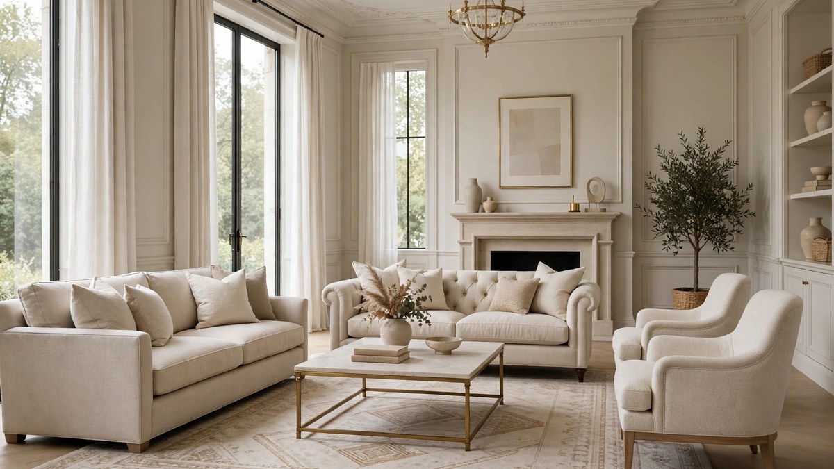 A spacious formal living room in layered neutrals with elegant upholstered furniture and tall windows
