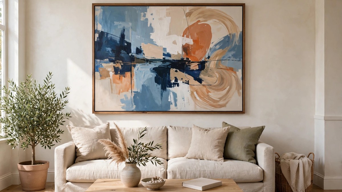 Living room wall art ideas starting with one oversized statement painting hung above a linen sofa