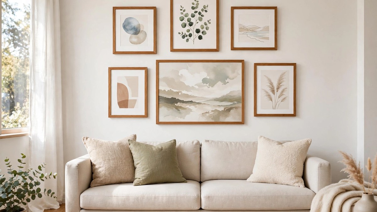 A curated gallery wall of framed artwork in varied sizes arranged above a living room sofa