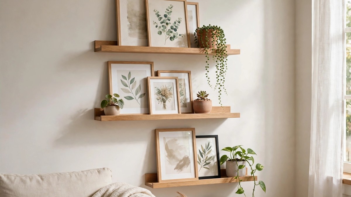 Picture ledge shelves holding layered framed prints that can be rearranged any time