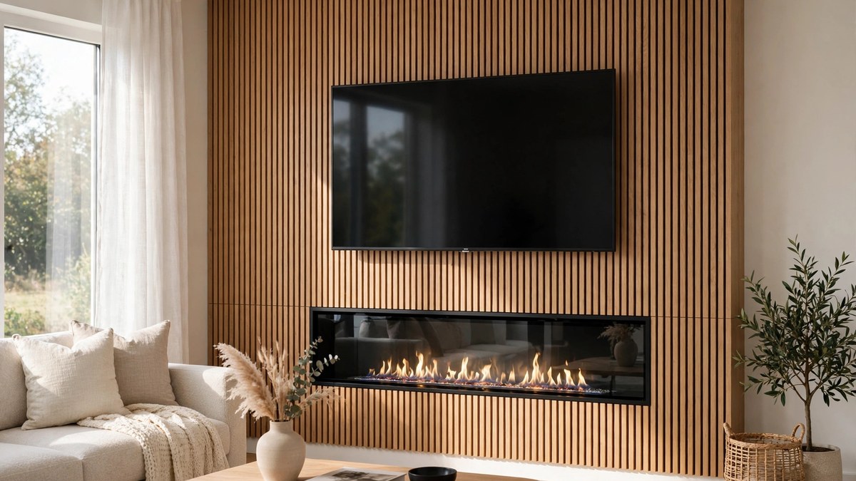 Modern living room fireplace design ideas with a linear firebox set into a sleek media wall below the television