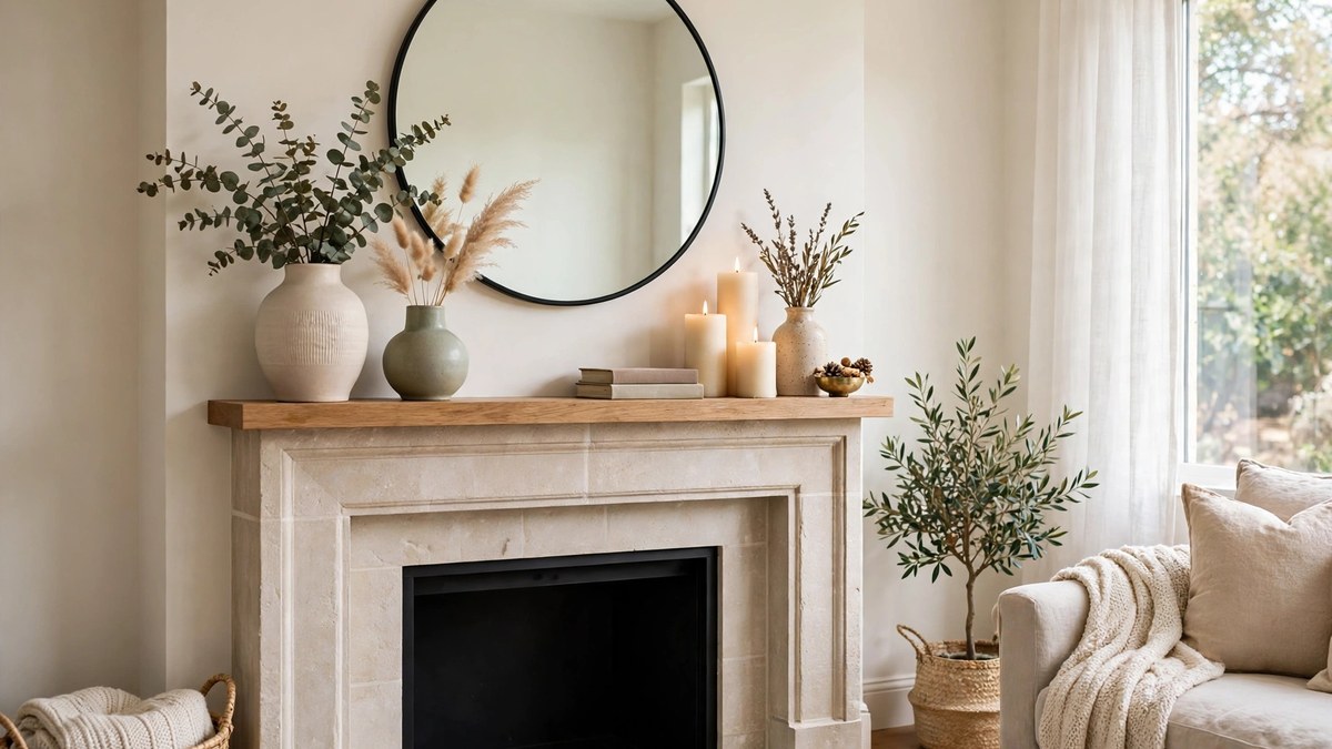 A styled fireplace mantel with a round mirror, ceramic vases and pillar candles