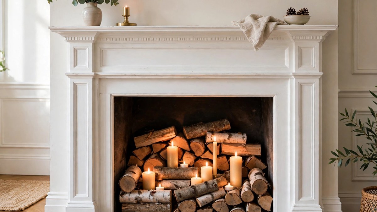 A non-working firebox turned into a display with neatly stacked logs and candles
