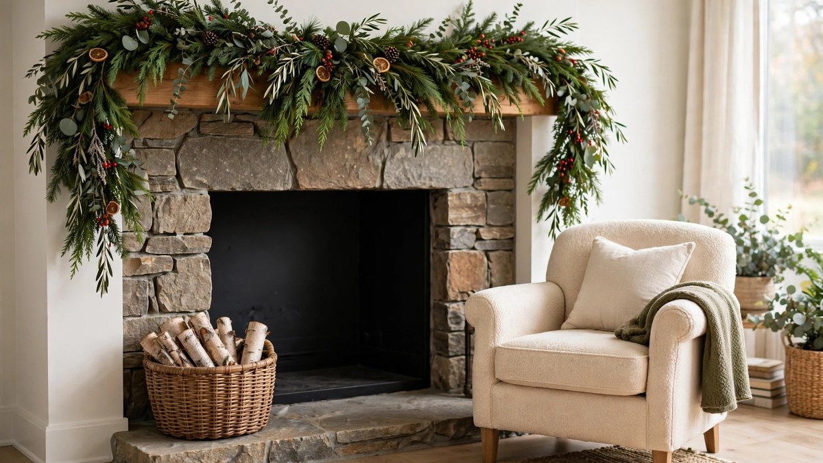 A fireplace hearth decorated with a seasonal greenery garland and a woven log basket