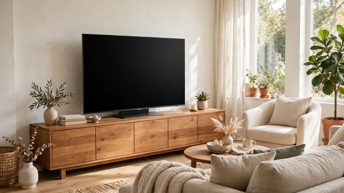 Smart tv room furniture ideas built around a large screen on a long low media console