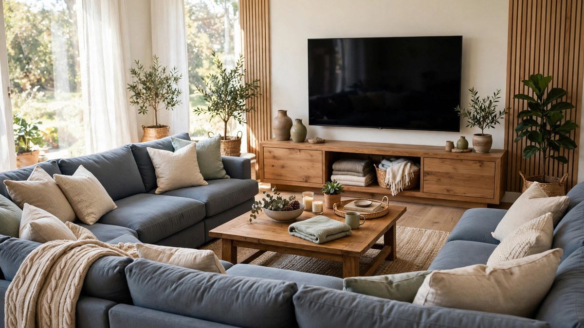 A deep sectional sofa arranged facing the television for comfortable group viewing