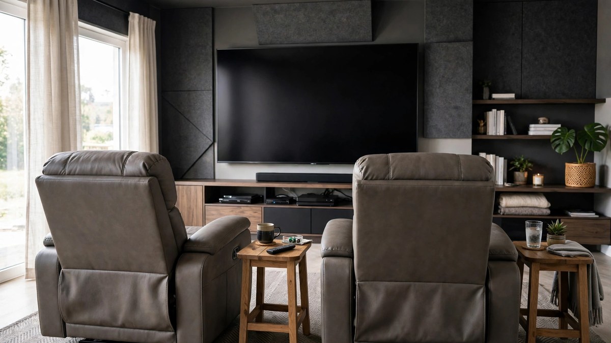 Padded recliner chairs with side tables set up for serious movie watching