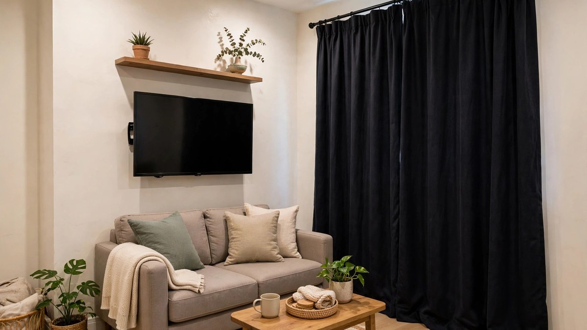 A compact tv room with blackout curtains and a cozy sofa for glare-free viewing