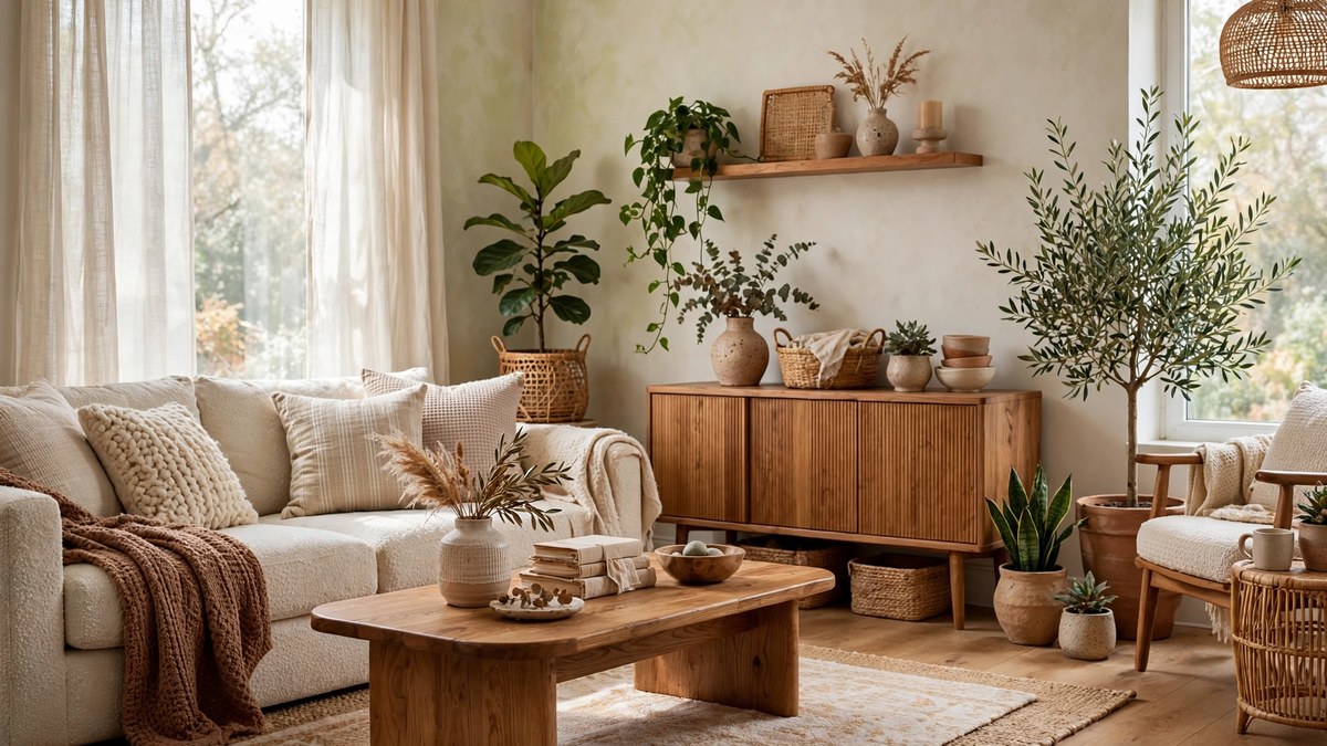 Neutral room ideas in a bright living room layered with texture, plants and warm wood furniture