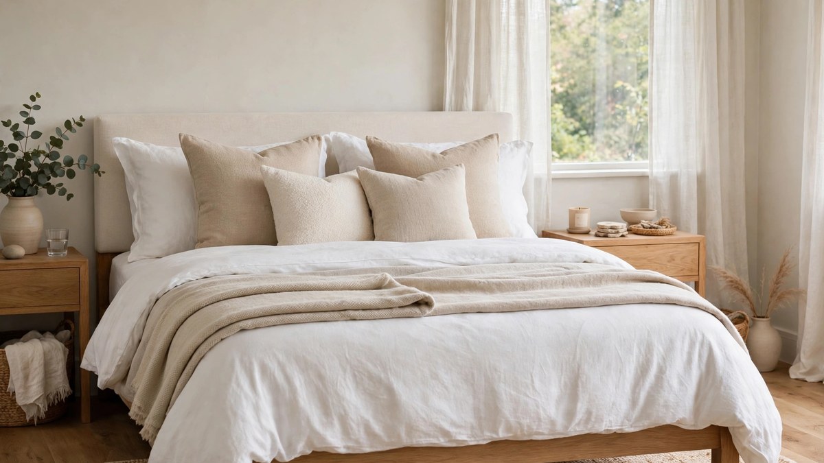 A calm bedroom with layered white bedding, cushions and a soft throw for rest and personality