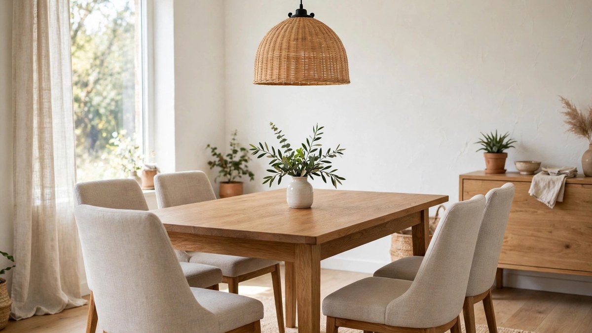 A simple dining area with a wooden table, upholstered chairs and a pendant light