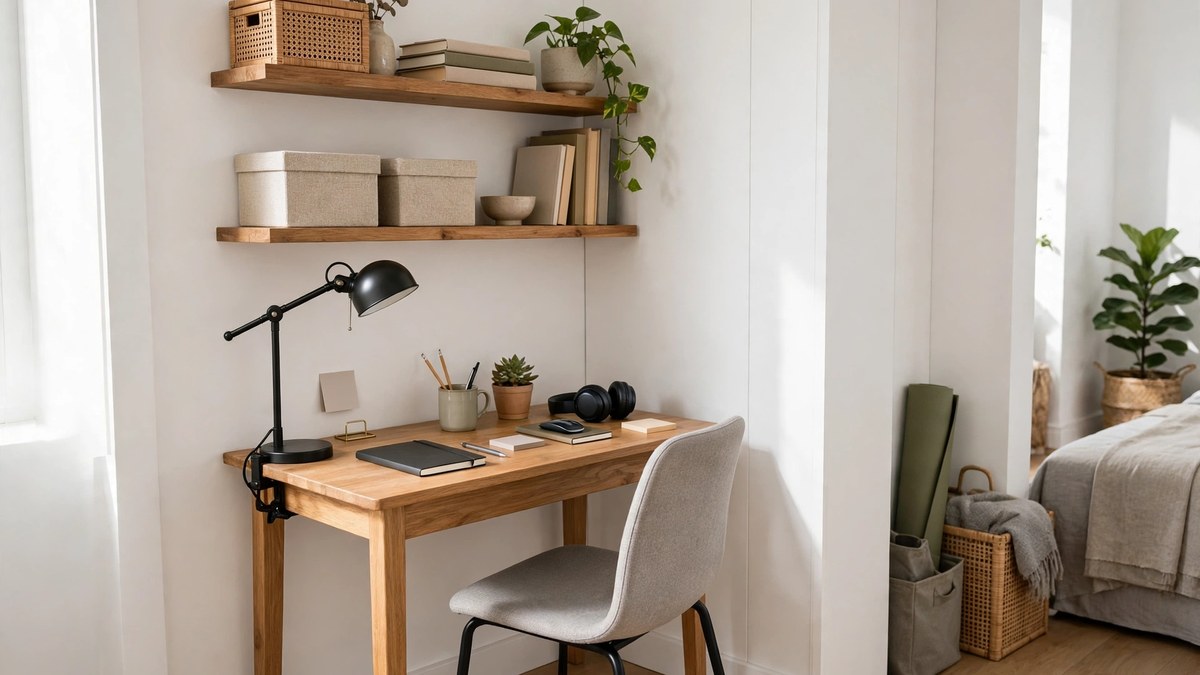 A compact home office corner with a desk, chair and shelves in a multi-use room