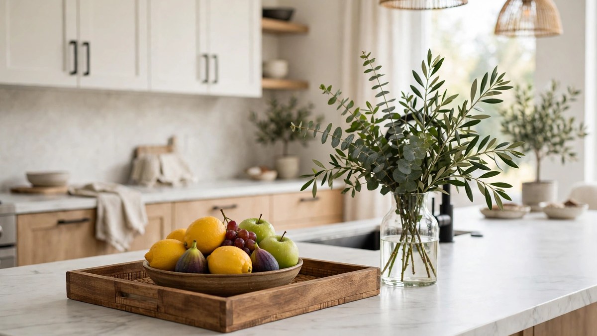 Kitchen island decor ideas on a marble countertop with a wooden tray, a fruit bowl and a vase of greenery