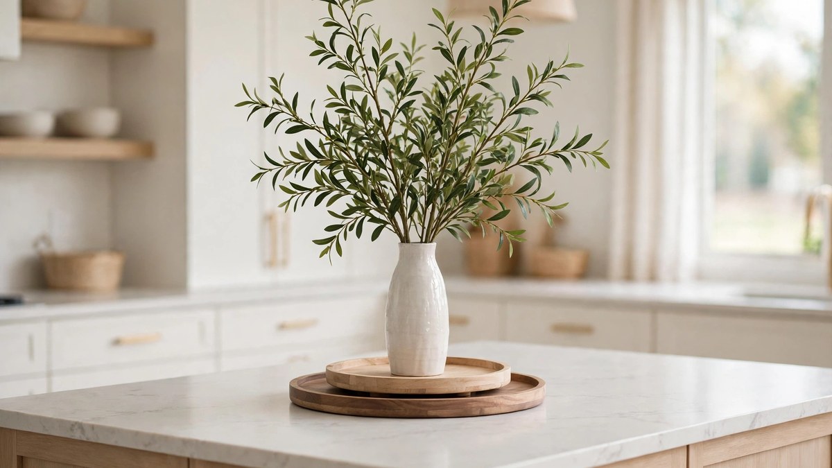 A layered island centerpiece with a tall vase of leafy branches on a serving tray