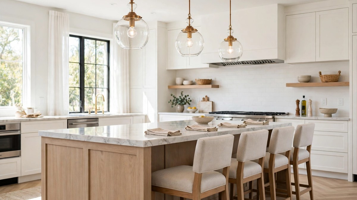 Pendant lights hanging above a kitchen island with upholstered counter stools