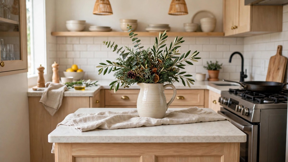 A small kitchen island styled with seasonal greenery in a ceramic pitcher