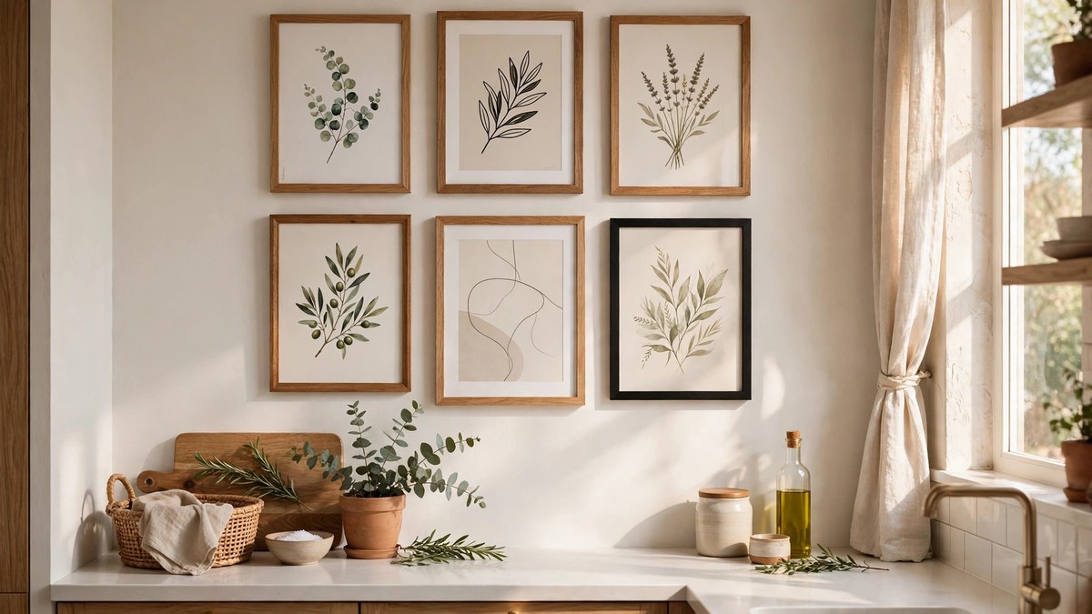Framed art prints arranged as a small gallery on a kitchen wall above the counter, one of the easiest kitchen wall ideas for adding personality
