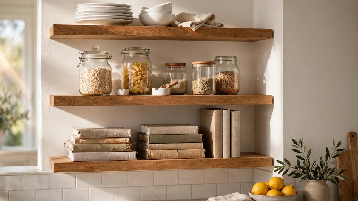 Open wooden floating shelves on a kitchen wall stacked with white dishes, glass storage jars and cookbooks