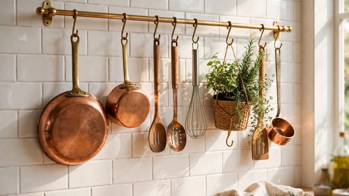 A brass rail with hooks mounted on a white tiled kitchen wall holding copper pans, utensils and a potted herb