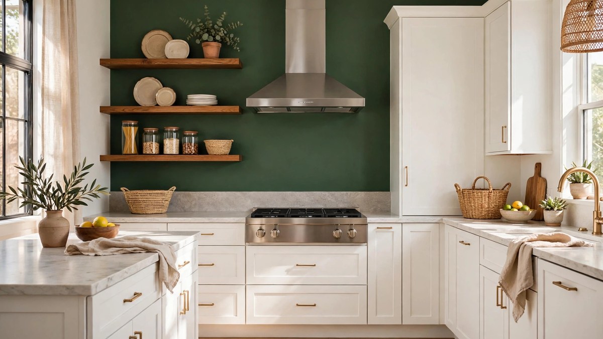A deep green painted accent wall in a bright kitchen with white cabinets and natural wood shelving